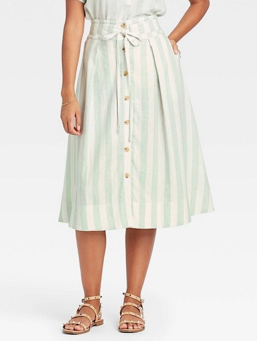 A New Day Button-Front Linen Midi Skirt with Tie Waist - Mint Stripe